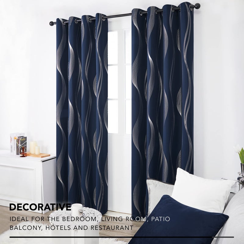 Deconovo Navy Blue Blackout Curtains 2 Panel Set for Bedroom, Thermal Insulated Grommet Room Darkening Window Drapes for Living Room, Silver Wave Foil Print, 52W x 84L Inch - Image 3
